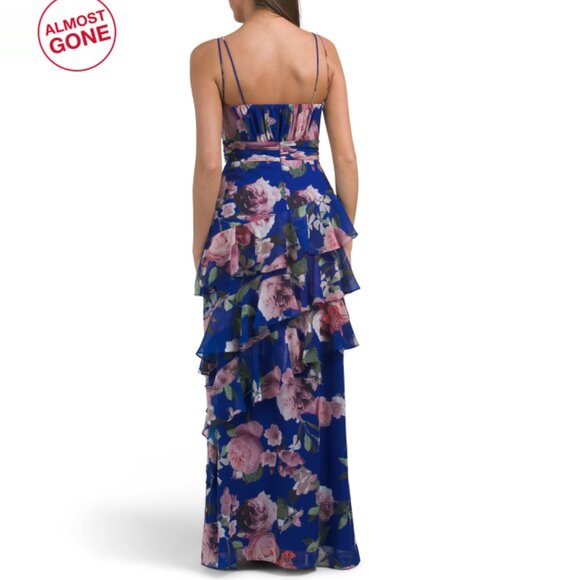 XSCAPE Blue/Blush Floral Printed Ruffle Skirt Gown - Picture 2 of 2